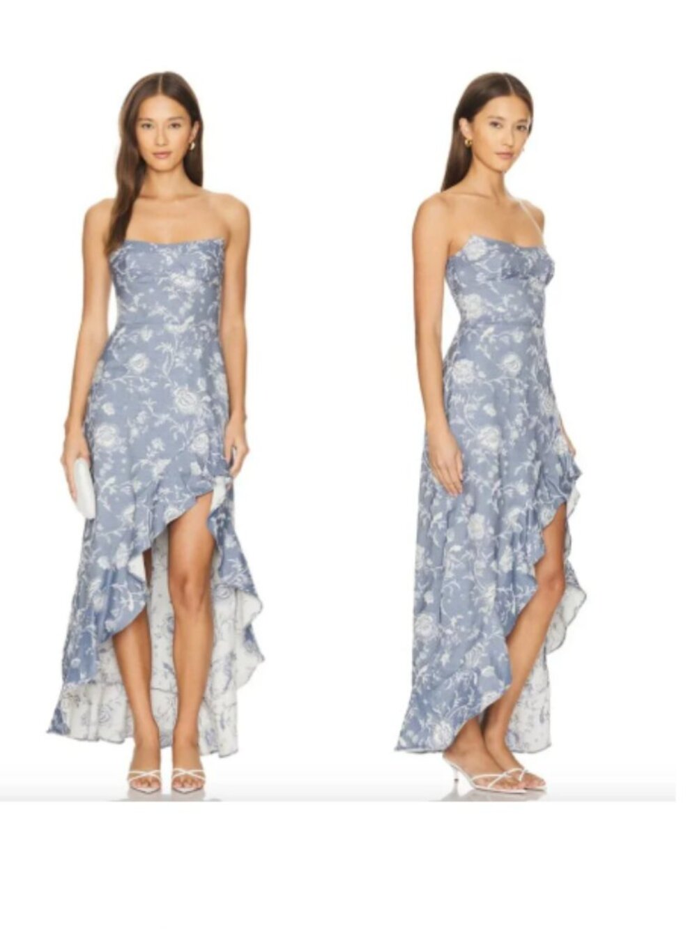 Amanda Uprichard Alyse Maxi Dress in Denim Brocade Strapless Floral Gown Sz M
